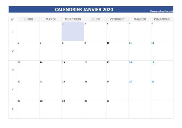 calendrier du mois de janvier 2020 vierge