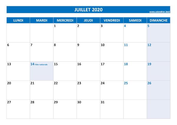 Calendrier juillet 2020 à imprimer avec jours fériés.