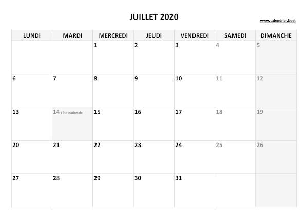 Calendrier juillet 2020 à imprimer avec jours fériés.