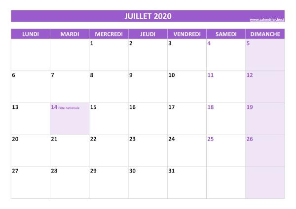 Calendrier juillet 2020 à imprimer avec jours fériés.