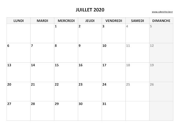 Calendrier juillet 2020 à imprimer.