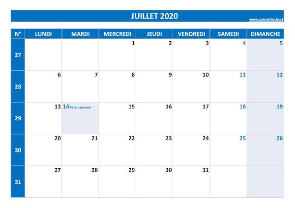 Calendrier juillet 2020.