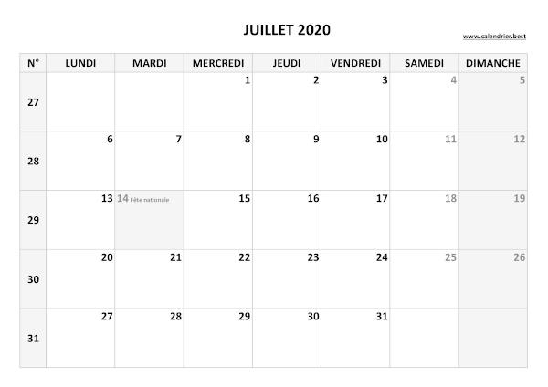 Calendrier juillet 2020 avec semaines.