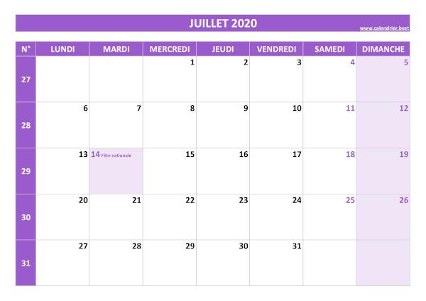 Calendrier juillet 2020 avec semaines.