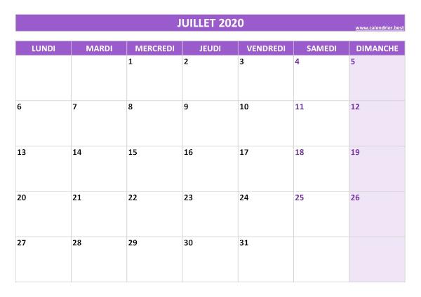 Calendrier juillet 2020 à imprimer.