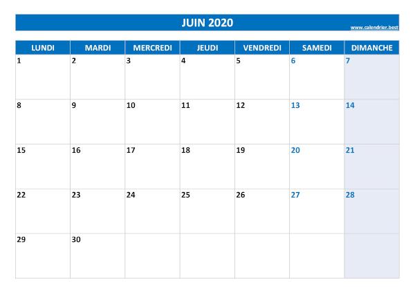 Calendrier juin 2020 à imprimer.