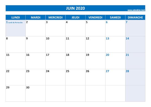 Calendrier juin 2020 à imprimer avec jours fériés.