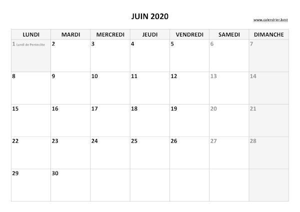 Calendrier juin 2020 à imprimer avec jours fériés.