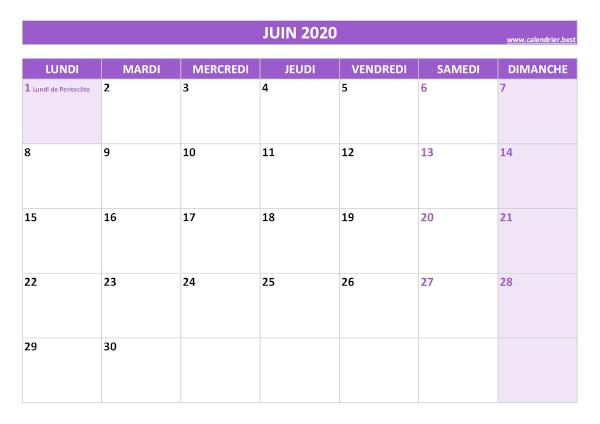 Calendrier juin 2020 à imprimer avec jours fériés.