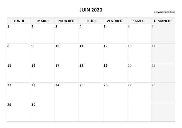 Calendrier juin 2020 à imprimer