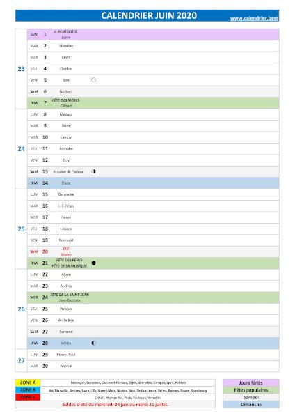 Calendrier juin 2020 avec saints.