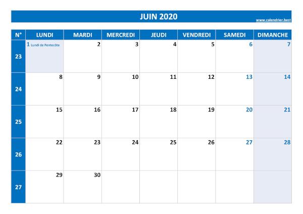 Calendrier juin 2020 avec semaines.
