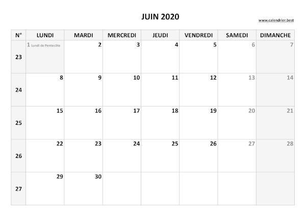 Calendrier juin 2020 avec semaines.
