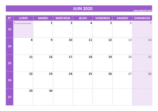 Calendrier juin 2020.