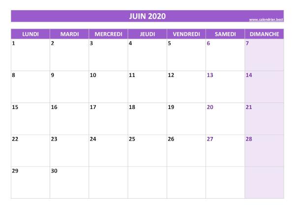 Calendrier juin 2020 à imprimer