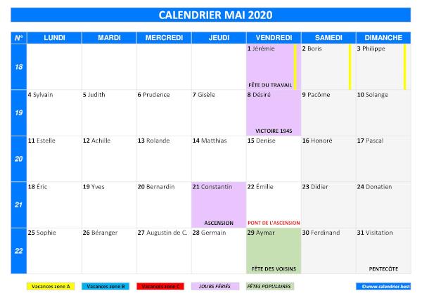 calendrier du mois de mai 2020 complet avec jours fériés, saints, fêtes populaires, dates des vacances scolaires.