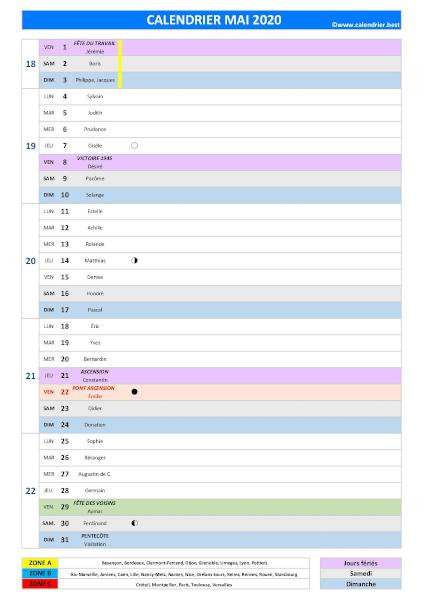 calendrier mai 2020 complet avec jours fériés, saints, fêtes populaires, dates des vacances scolaires et phases de lune.