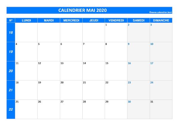 calendrier du mois de mai 2020 vierge