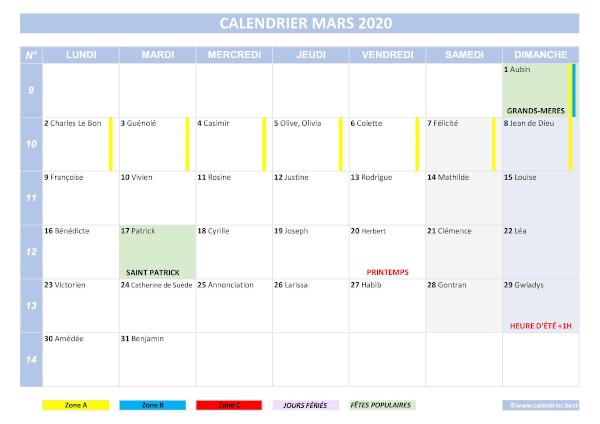 calendrier du mois de mars 2020 complet avec jours fériés, saints, fêtes populaires, dates des vacances scolaires.