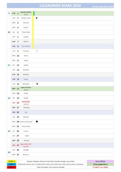 calendrier mars 2020 complet avec jours fériés, saints, fêtes populaires, dates des vacances scolaires et phases de lune.