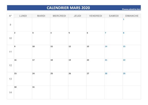 calendrier du mois de mars 2020 vierge