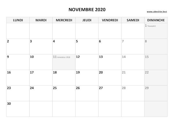 Calendrier novembre 2020 à imprimer avec jours fériés.