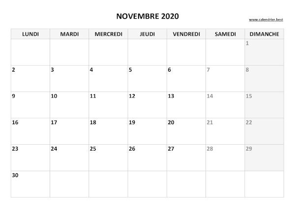 Calendrier novembre 2020 à imprimer.