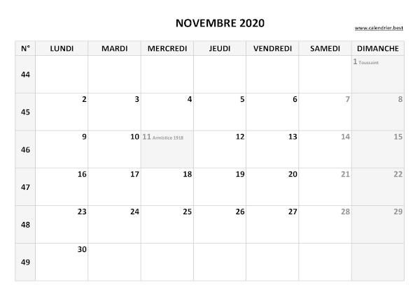 Calendrier novembre 2020 avec semaines.