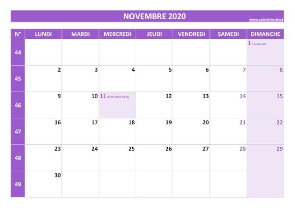 Calendrier novembre 2020 avec semaines.