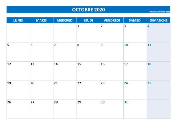 Calendrier octobre 2020 à imprimer.