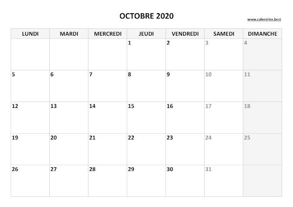 Calendrier octobre 2020 à imprimer.