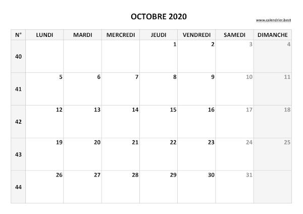 Calendrier octobre 2020 avec semaines.
