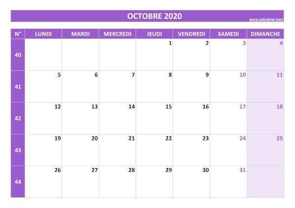 Calendrier octobre 2020 avec semaines.