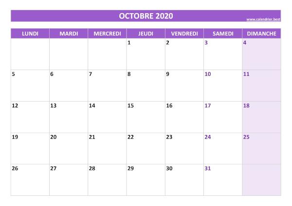 Calendrier octobre 2020 à imprimer.