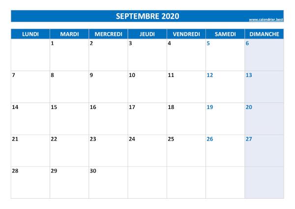 Calendrier septembre 2020 à imprimer.