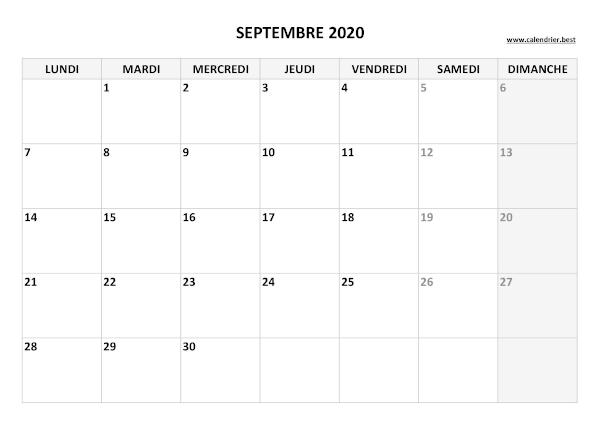 Calendrier septembre 2020 à imprimer.