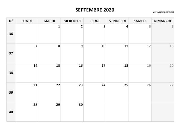 Calendrier septembre 2020 avec semaines.