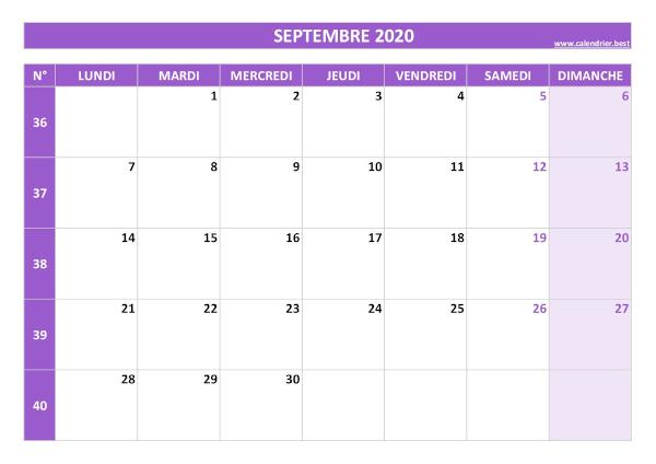 Calendrier septembre 2020 avec semaines.