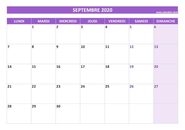 Calendrier septembre 2020 à imprimer.