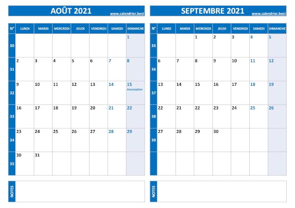 Calendrier d'août et septembre 2021 à imprimer sur une page au format paysage, template bleu. Calendrier août septembre 2021.