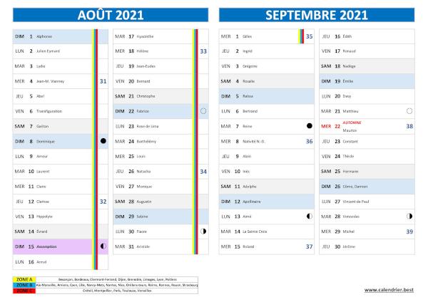 Calendrier août septembre 2021, modèle complet