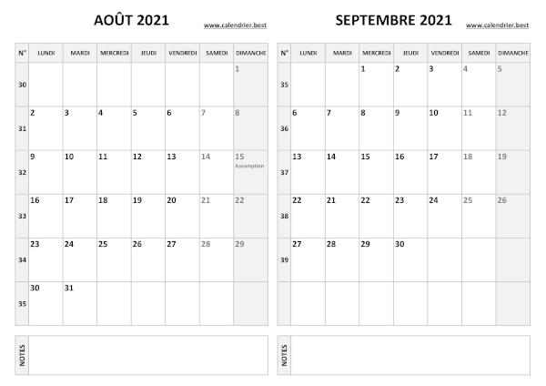 Calendrier d'août et septembre 2021 à imprimer sur une page au format paysage, template gris. Calendrier août septembre 2021.