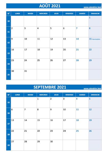 Calendrier des mois d'août et septembre 2021 à imprimer ssur une page au format portrait, template bleu. Calendrier août septembre 2021, portrait, bleu.