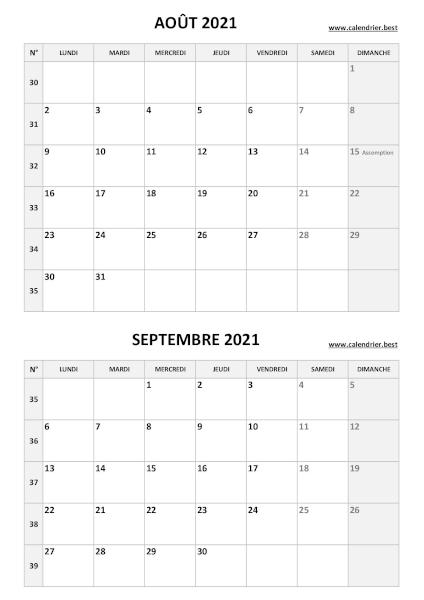 Calendrier des mois d'août et septembre 2021 à imprimer sur une page au format portrait, template gris. Calendrier août septembre 2021, portrait, gris.