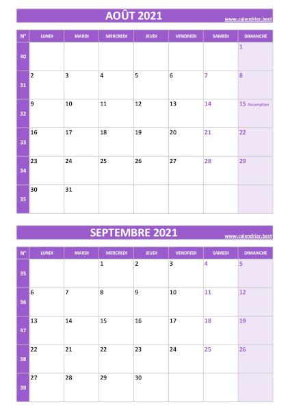 Calendrier des mois d'août et septembre 2021 à imprimer sur une page au format portrait, template violet. Calendrier août septembre 2021, portrait, violet.