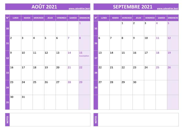 Calendrier d'août et septembre 2021 à imprimer sur une page au format paysage, template violet. Calendrier août septembre 2021.
