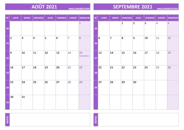 Calendrier août septembre 2021.