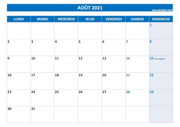 Calendrier Août 2021 à imprimer avec jours fériés.