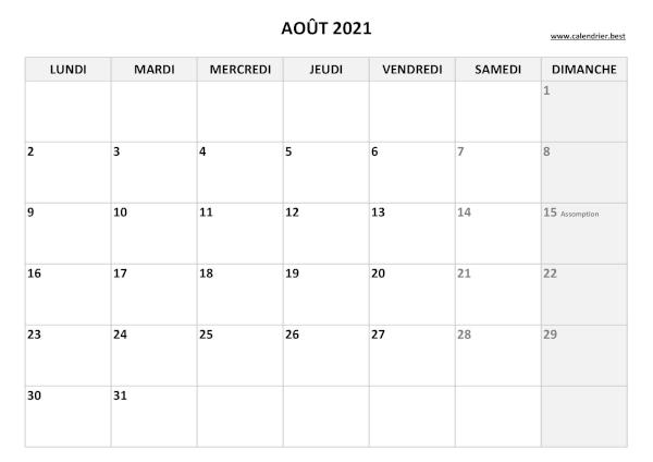 Calendrier Août 2021 à imprimer avec jours fériés.