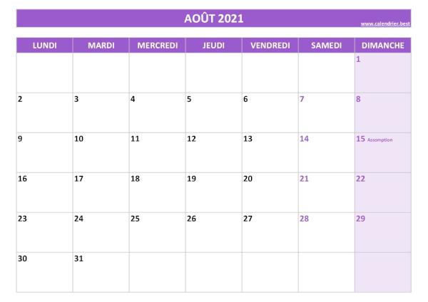 Calendrier du mois d'Août 2021 avec jours fériés à imprimer.